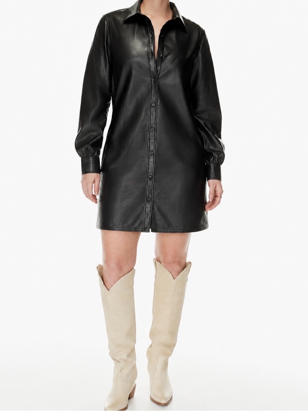 Aritzia Wilfred Black Faux Leather Longline Button up Shirt Dress Women’s M